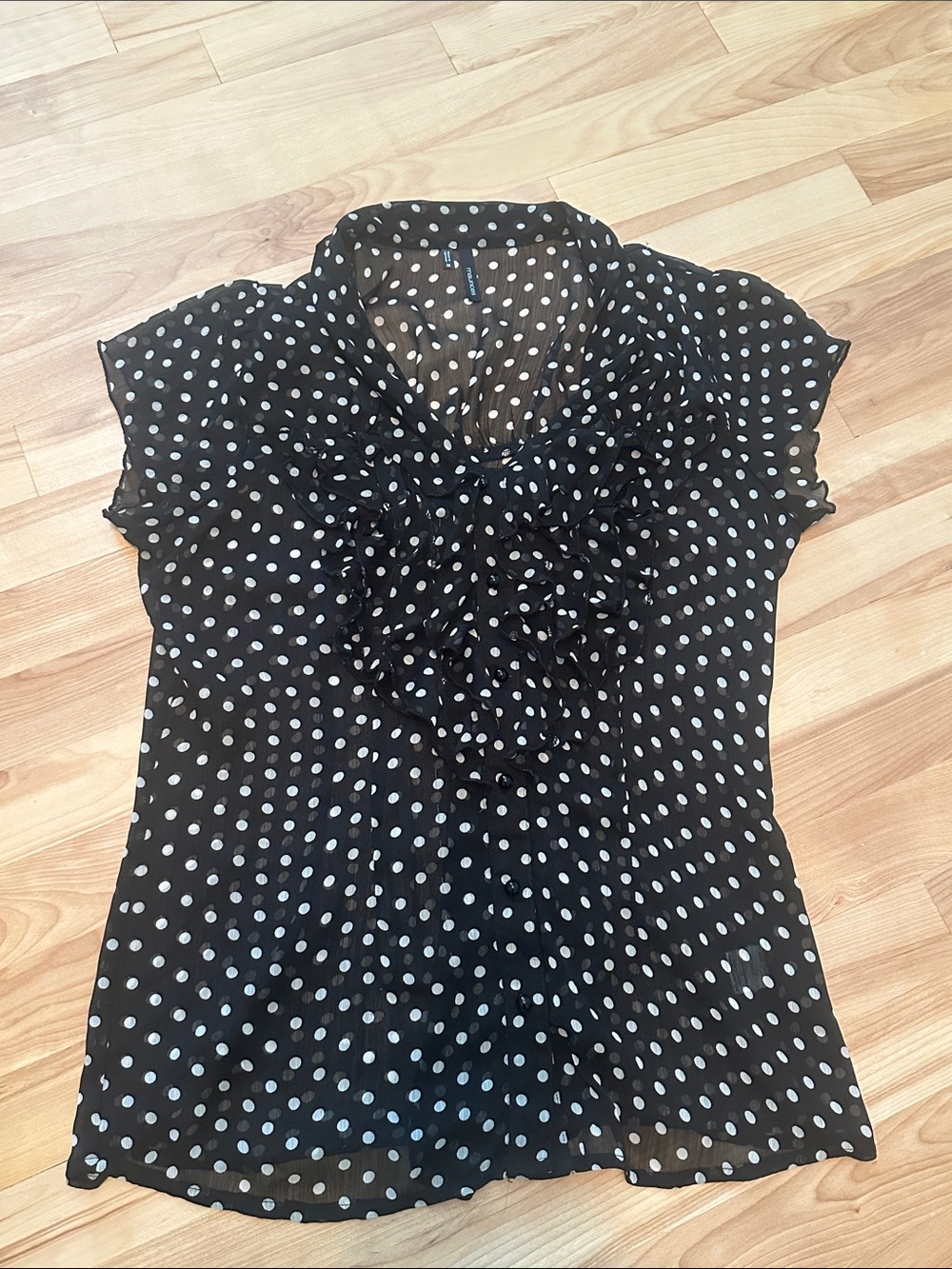Maurices Black and White Polka Dot Ruffle Front Blouse